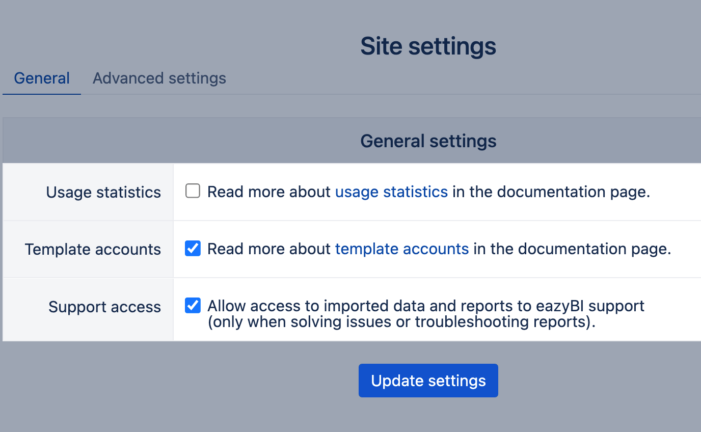 Site settings for Cloud